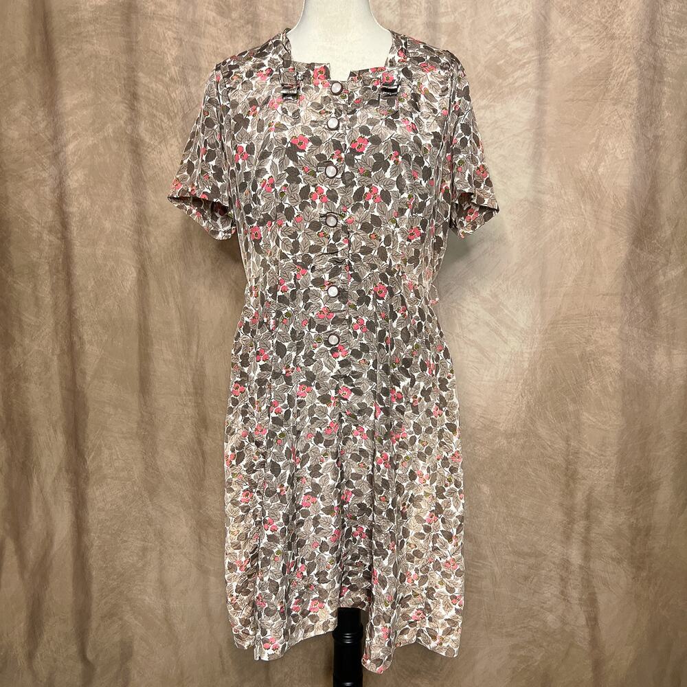 Vintage 50s Floral Foliage Print Shirt Waist Swing Dress Button Up Retro Mod Tea